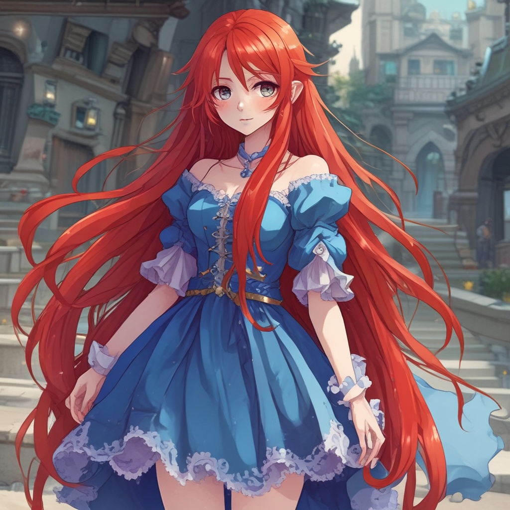 Anime girl with long red hair and a blue fluffy dress